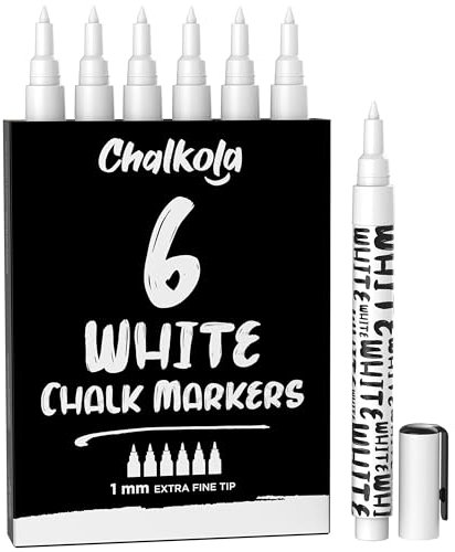 Chalkola 6 extra feine Weiße Kreidestifte für Tafel & Fenster 1mm | Ideal als Kreidestift, Kreidemarker, Folienstift, Glasmalstifte, Tafelstift, Glasmarker | Feucht abwischbar
