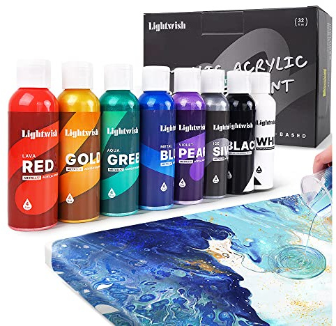 LIGHTWISH Metallic Pouring Acrylfarben Set, 8 schillernde Farben, 118 ml Flaschen, vorgemischte Acrylfarbe mit hohem Durchfluss für Leinwand, Holzsteine, Steine