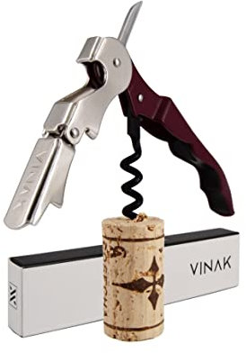 VINAK - Sacacorchos CAMARERO profesional en acero inoxidable con abrebotellas + doble apoyo articulado + navaja cortacápsulas y espiral teflonada (Burdeos)