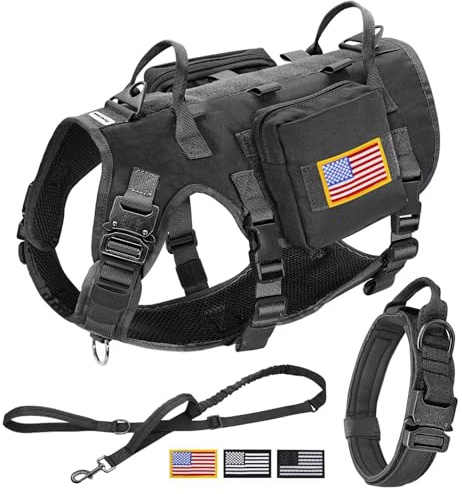 Forestpaw Taktisches Hundegeschirr und einfache Kontrolle, Trainings-Hundehalsband mit Bungee-Hundeleine, Set, kein Ziehen, Militär-Hundegeschirr mit Rucksack für mittelgroße und große Hunde, Schwarz,