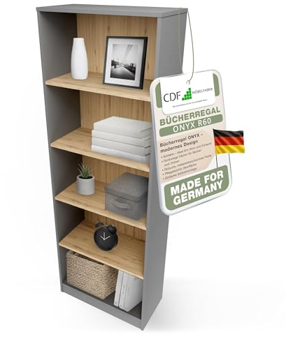 CDF Bücherregal Regal Standregal Büroregal für Ordner - Büro Wohnzimmer Homeoffice Bücherschrank zur Aufbewahrung Dokumenten Dekoration Robuste Konstruktion - Anthrazit/Eiche Artisan 60cm