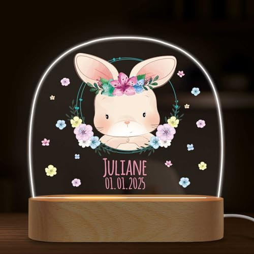 GRAVURZEILE Personalisiertes LED Nachtlicht für Kinder - Blumenkranz - Personalisiert mit Namen - Nachttischlampe für das Kinderzimmer - Geschenk für Kinder & Babys - Baby Geschenk - Hase