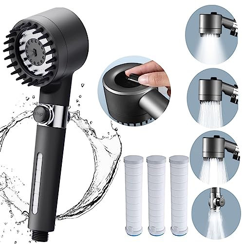 JOOVCC Shower Head High Pressure, 3 Spray Modes with Switch, Hand Cotton Filters, Pressure Brush for Massaging The Scalp-International 4-Point Interface., Grey (hasa-03)