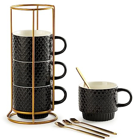 Gomakren Kaffeebecher 4er Set, 368.5 g Stapelbares Kaffeebecher-Set mit Ständer, Halloween Steinzeug Kaffeetasse mit Löffel für Kaffee, Milch, Tee, Kakao, Schwarz