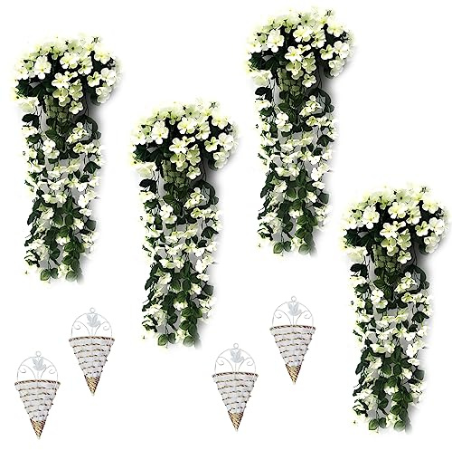 4 Pcs Artificial Hanging Baskets Outdoor with Flowers Artificial Garden Flowers Hanging Baskets Hanging Basket with Flowers for Garden Wall Fence Wedding Balcony Outdoor Inside Door Decoration,White