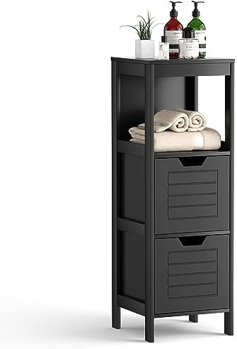 COSTWAY Badschrank schmal, Badezimmerschrank mit 2 Schubladen & offenem Fach, Badkommode modern, Aufbewahrungsschrank Schrank für Badezimmer & Wohnzimmer, 30 x 30 x 89 cm, schwarz