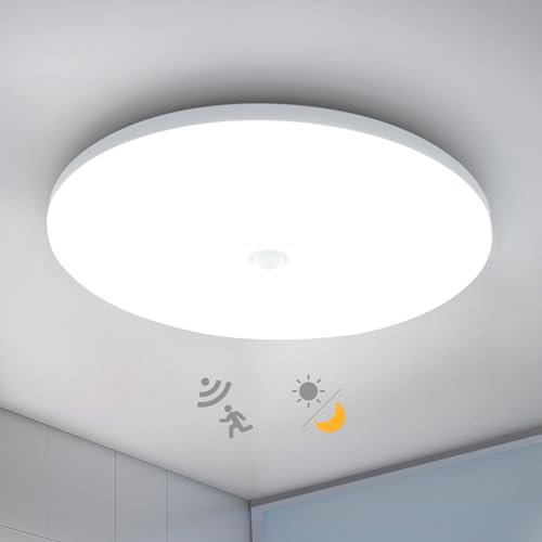 Combuh LED Plafoniera con Sensore di Movimento, 18W 220V Lampada da Soffitto Sensore Crepuscolare Interno, IP56 Impermeabile, 6500K Bianco Freddo per Corridoio Garage Bagno, Rotonda 29.5CM