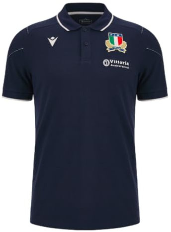 Macron 2023-2024 Italy Rugby Travel Polo Football Soccer T-Shirt Trikot (Navy)