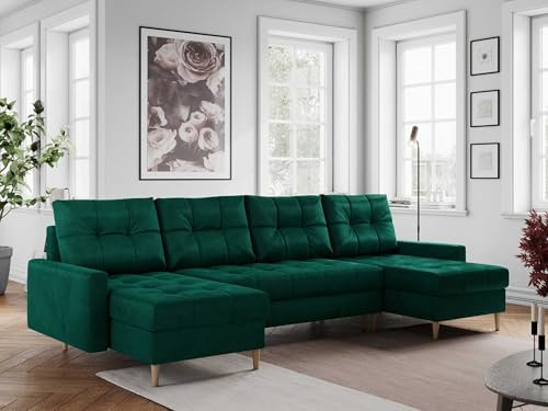 MKS MEBLE Sofa U-Form mit Schlaffunktion, Wohnlandschaft U-Form, Couch mit Schlaffunktion und Bettkasten, Schlafsofa mit Bettkasten, Couch mit Schlaffunktion - Grün Velvet Colin U