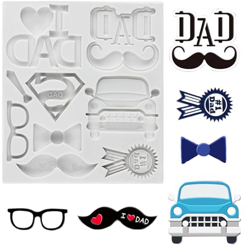 MINFEIDMS Father's Day Fondant Moulds 3D I Love DAD Silicone Moulds Badge Glasses Car Mustache Tie Chocolate Candy Moulds for Father's Day Party Cake Decorating Cupcake Topper Gum Paste Polymer Clay