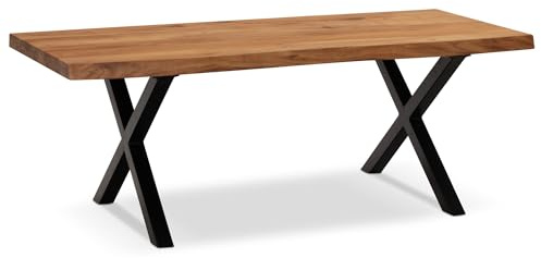 FineBuy Couchtisch 120x60x46 cm Akazie Massivholz Baumkante, X-Gestell | rechteckiger Wohnzimmertisch mit schwarzem Metallgestell, Sofatisch aus Echtholz, handgefertigt