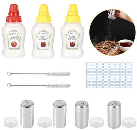 Mini Salzstreuer Klein Salad Bottle Set, Edelstahl Pfefferstreuer Gewürzstreuer mit Löchern, Portable Salz und Pfefferstreuer mit Pinsel, Klein Ketchup Squeeze Soßenflaschen für Büro Camping