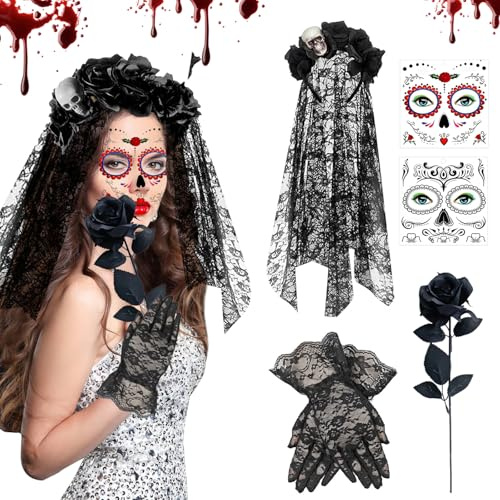 MaibaoteMbt Tag der Toten Haarreif und Schleier, Halloween Totenkopf Kopfschmuck, Tag Der Toten Rosen, Halloween Gesichtstattoos, Damen Kostüm Accessoires für Halloween Karneval Cosplay