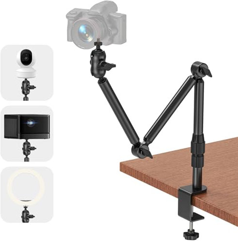 Jubor Camera Desk Mount, Overhead Webcam Mount Stand with 1/4 Screw, 360° Adjustable Mic Boom Arm for DSLR Cameras, Right Light, Projector, Max. Load 3 kg