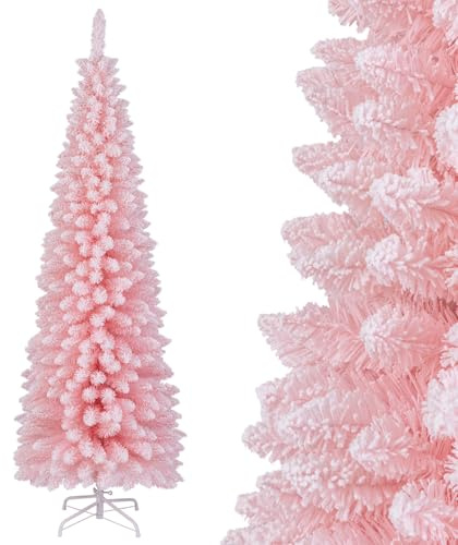 COSTWAY Árbol de Navidad Nevado 180cm, Arbol de Navidad Slim/Estrecho, 460 Puntas de PVC, Arvore de Natal Lápiz Soporte de Metal Casa/Oficina (180cm,Rosa)