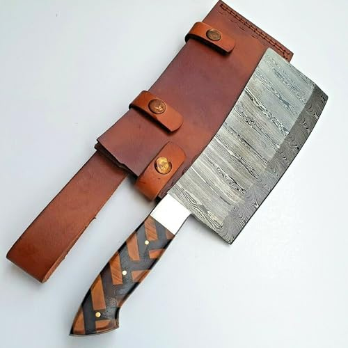 CRAFTOMATIK Damast Stahl Hackmesser | Chef Hackbeil Küchenbeil | Metzger Fleischerbeil | Olivenholz Pakkaholz Griff| KC03