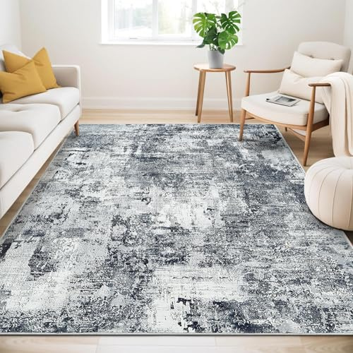 Guchuang Bedding Tappeto per soggiorno, 160 x 230 cm, colore grigio, a pelo corto, design astratto vintage, lavabile, antiscivolo, per camera da letto