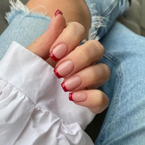 SXVME 30 Pcs Acrylic Press on Nails Short Square, Red French Tip False Nails Short Coffin, Natural Nude Fake Nails Set Elegant Classic Soft Gel Stick on Nail for Women Daily Christmas Holiday