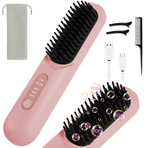 LOPHE Brosse Lissante Pour Cheveux, Lisseur Cheveux Sans Fil Portable Mini Lisseur Cheveux Brosse avec ÉCran 3 Température Réglable Chauffant Peigne à Cheveux pour Voyage et Domicile,Rose