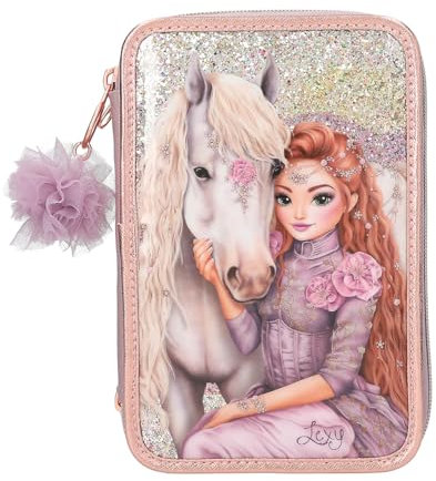 Depesche 13292 TOPModel Viva Violet - Gefüllte 3-Fach Federtasche in Lila, mit Model Motiv, Pferd und Glitzer, Federmappe mit Buntstiften, Lineal, Schere UVM.