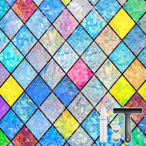Mgood Fensterfolie Bunt, Sichtschutzfolie Fenster Regenbogen, 60 x 200 cm | Rautenmotiv, Blickdicht, Statisch Haftend, UV Schutz, Wiederverwendbar, für Innenräume, Küchen, Glastüren, Wohnzimmer