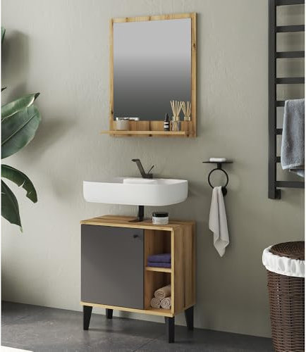 Lomadox Waschplatz-Set 2-teilig Waschbeckenunterschrank 60 cm, Spiegel, in Eiche mit grau, modern