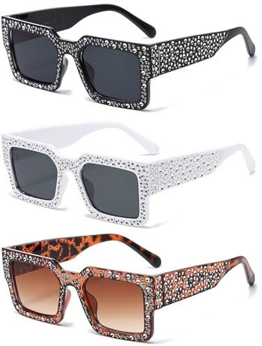 Sasibiyb 3 Stück Sonnenbrille mit Strass Quadratische Übergroße Glitzer Sonnenbrille für Männer und Frauen (Schwarz, Weiß, Schildkröte)
