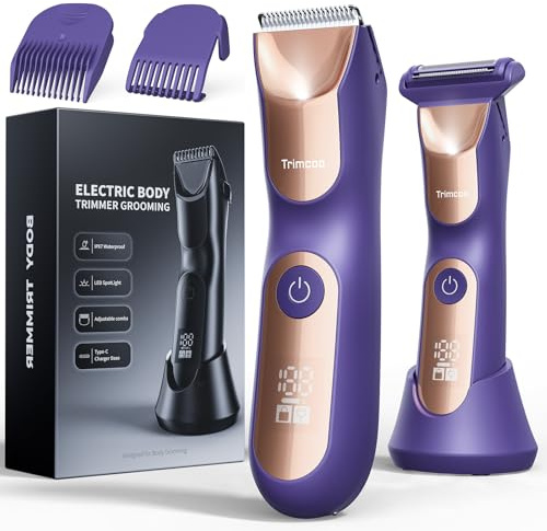 Trimcoo New Bikini Trimmer for Women [LED Light & Diaplay] Electric Foil Shaver for Men, Body Hair Trimmer for Face, Groin, Arm, Back, Wet/Dry Painless Groomer with Ceramic Blade,Travel Razor, Purple