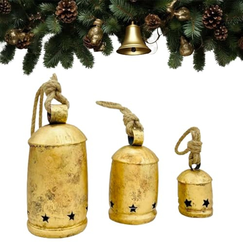 Guldklockor i metall hängande klockor vintage dekor med jutehängrep, dekorativ koklocka, perfekt för bröllop, jul (stjärntrumma set med 3)