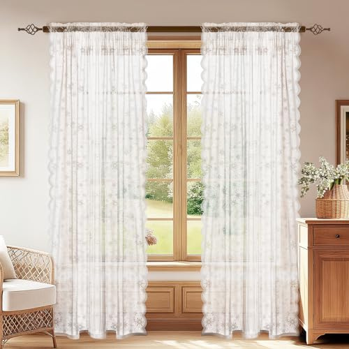 YSTELLAA Tende Per Interni Semitrasparente 2 Pezzi, 70x240cm, Tende Classiche In Pizzo, Curtains Voile Con Tasca, Leggere Morbida Per Camera Da Letto E Per Salotto, Bianco