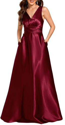 Ever-Pretty Abito Cerimonia Donna Eleganti Lungo Raso Senza Maniche Abito Damigella d'Onore Vestito Elegante Scollo a V Borgogna 50