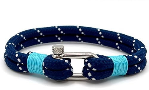 Mens Rope Bracelet, Durable Navy Rope with Pale Blue detail | Durable Nylon Marine Bracelet with scratch resistant stainless steel D-shackle | Handcrafted Nautical Wristband for Men (Average (21cm))