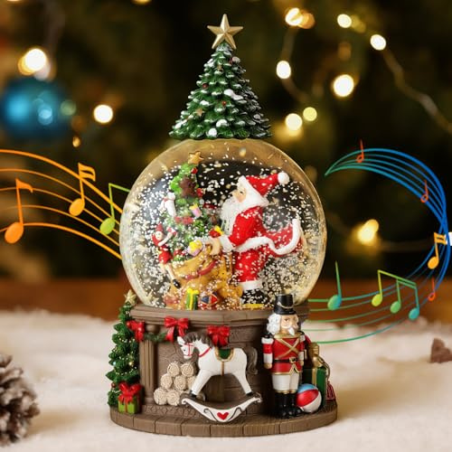 Lewondr Weihnachts-Schneekugel mit Musik und Licht, Kamin und Weihnachtsmann Elektrische Schneekugel mit Wirbelnden Schneeflocken & 8 Lieder, Batterie & USB Betriebene Weihnachts-Wasserkugel