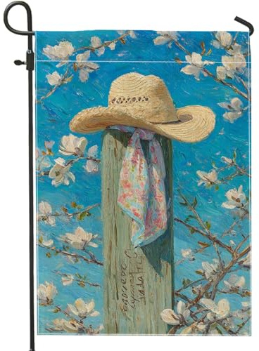 Frühlingssommer-Gartenflagge mit Strohhut, blaue Blumen-Magnolie, für den Außenbereich, Heimdekoration, Banner, doppelseitig, Jute, Rasendekoration, 30,5 x 45,7 cm