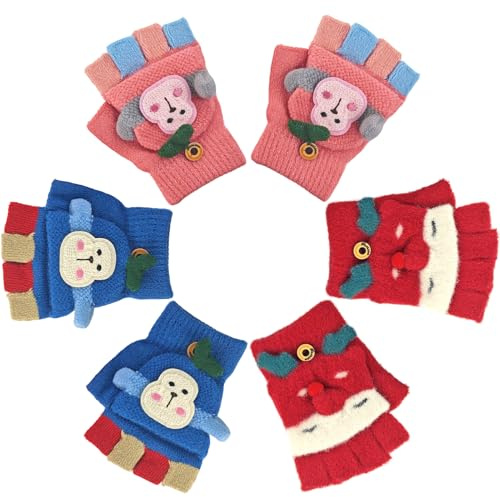 Zoonvii 3 Paia Guanti Senza Dita Bambino,Guanti Mezze Dita per Bambini,Guanti Mezze Dita Caldi con patta Guanti,Guanti in Maglia per Bambini,Guanti Bambini Invernali,per ragazze ragazzi