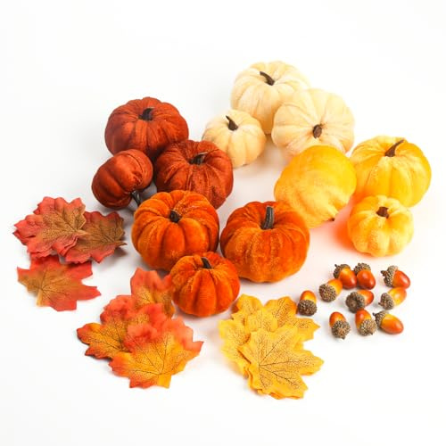 BESTOOL 52Pcs Artificial Pumpkin Autumn Decorations Set, 12Pcs Mini Velvet Foam Faux Pumpkins, 30Pcs Maple Leaves & 10Pcs Acorns for Fall Harvest Festival Halloween Thanksgiving Home Table Decor