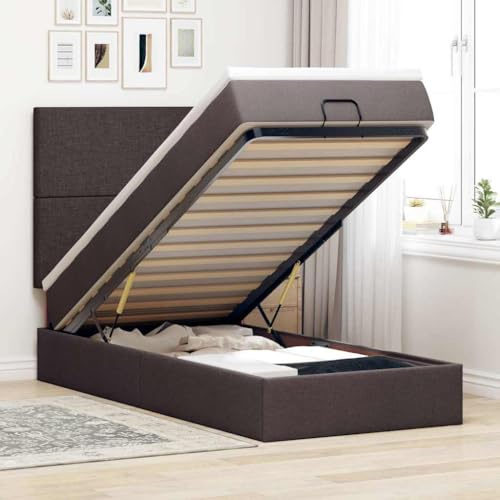 Qnhdfrt Ottomanenbett mit Matratze 90x200 cm Dunkelbraun Stoff Bettgestell mit Hydraulik-Mechanismus und Taschenfederkernmatratze für erholsamen Schlaf und optimalen Stauraum