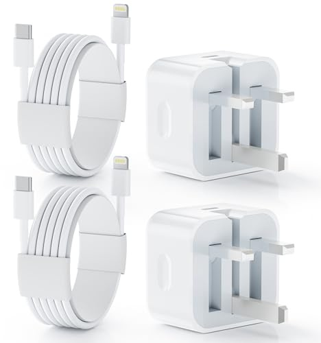 20W Apple iPad Charger Plug UK, 2Pack with USB‑C to Lightning Cable (1m+2m), Fast Charger for iPad 4th–9th Gen, iPad Air 1/2/3, iPad mini 1–5, iPad Pro 12.9 1st/2nd Gen, iPhone 8–14 Series, AirPods