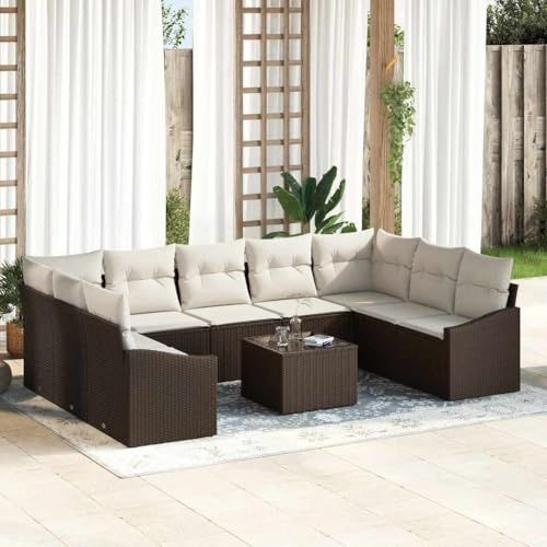 Runheo Garten Loungesofa Set 10-teilig, Braun Poly Rattan, Modular, UV-beständig, Wetterfest, für Terrasse & Balkon, inkl. Kissen