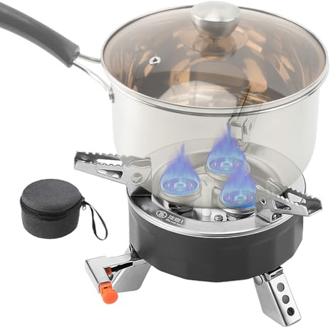 Réchaud de camping - Brûleur en acier inoxydable de 6,81 pouces - Four à gaz portable d'extérieur 6800 W - Mini cuisinière de camping pliable avec sac de rangement EVA - Idéal pour la randonnée, le