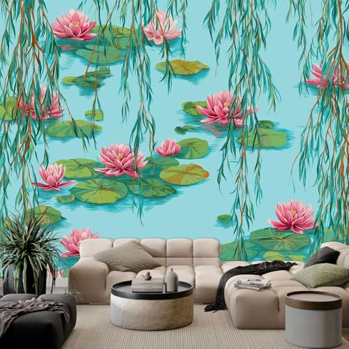 Pond Water Lilies Weeping Willows Murals Light Blue Photo Wallpaper, Non-Woven Wall Murals for Bedroom Living Room Decor W158 x H110 Kids Room Background Wall Decorative (Not Self-Adhesive)