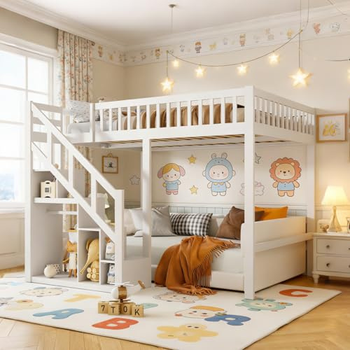 Etagenbett Hochbett 140x200cm,Stockbett mit Treppe und Stauraum Kinderbett mit Bücherregal und Kleiderschrank Jugendbett mit Lattenrost Funktionsbett,Massivholz,ohne Matratze (Weiß, 140x200cm)