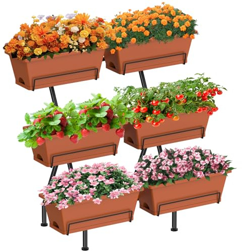 Sunexinlo 3-Tier Vertical Garden Planter with 6 Boxes, 31 Tall Raised Garden Bed with Adjustable Feet for Herbs, Flowers, Vegetables, Ideal for Indoor, Outdoor, Patio, Balcony, Deck Use, Brick Red
