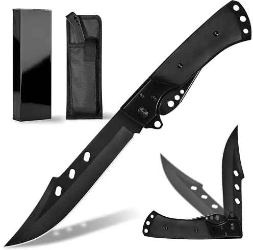 Plys Klappmesser Groß 14cm Scharfes Taschenmesser, Outdoor Folding Knife | Schwarz, Holzgriff mit Aufbewahrungstasche, 440c Stahl Zweihandmesser, Geeignet für Camping und Wandern