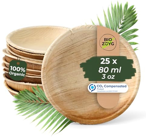 BIOZOYG Snackschalen 25 Stück 80 ml, Ø 10 cm rund - Palmblatt Fingerfood Schalen, Einweg Schälchen - Snack Schalen Einweg, Antipasti Teller, Dips Buffet & Soßen