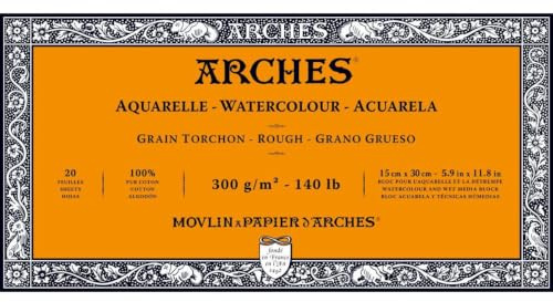 Arches 1795082 Aquarellpapier im Block (15 x 30 cm, 4-seitig geleimt, 300g/m² Grobkorn) 20 Blatt naturweiß