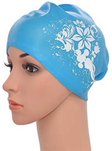 Medifier Bonnet de bain en silicone élastique avec motif floral pour femme Convient aux cheveux longs, bleu ciel