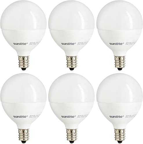 Sunlite G16.5 Light Bulb LED, 5W (40W Equiv.), 350 Lumens, Dimmable, Type G Globe Shape E12 Candelabra Base, Short Bulbs, Vanity Mirror Bulbs, 2700K Soft White, Frosted, 6 Count