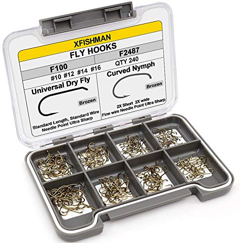 XFISHMAN Fly-Hooks-för-fluga-bindning-torr-våt-hullingslös-BL-nymfflugor böjda tjeckiska scud fiskekrokar 10# ~16# sortiment paket med 100-240 krokar med låda
