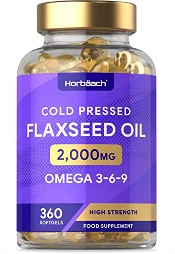 Flaxseed Oil Capsules 2000mg | 360 Softgels | Omega 3 6 9 with High Strength Alpha Linolenic Acid (ALA) | Cold Pressed Supplement | by Horbaach